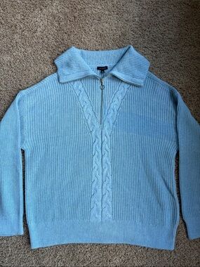 Talbots Pale Blue Zip-Front Cable Knit Sweater -